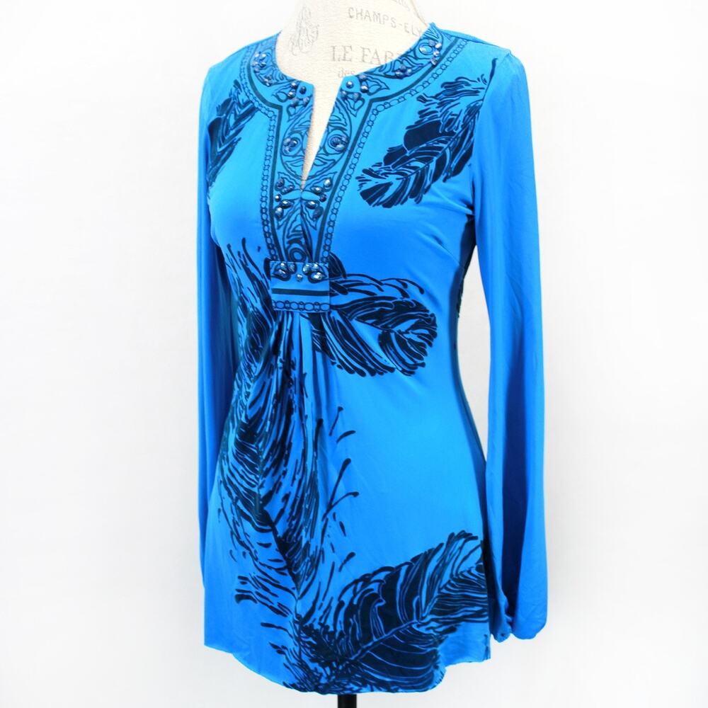 Hale Bob vintage Y2K velvet feather print beaded blouse top Small
